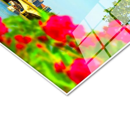 Tamperli Gerçek Cam Tablo Eyfel Kulesi Seine Nehri Çiçekler Şehir Mimari Tablo Duvar Dekoru
