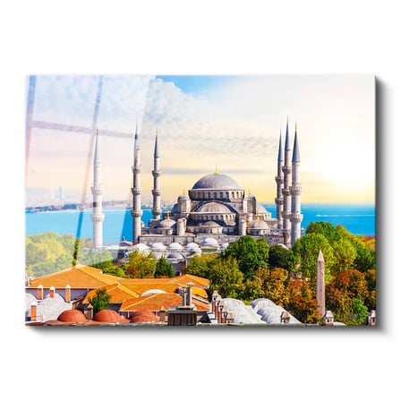 Tamperli Gerçek Cam Tablo Sultanahmet Camii ve Ağaçlar Şehir Mimari Tablo Duvar Dekoru