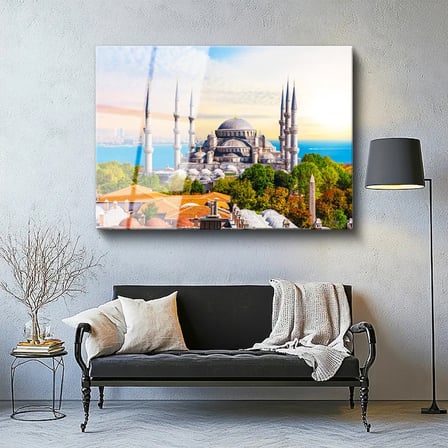 Tamperli Gerçek Cam Tablo Sultanahmet Camii ve Ağaçlar Şehir Mimari Tablo Duvar Dekoru