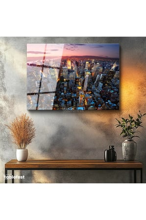 Tamperli Gerçek Cam Tablo New York Manhattan Şehir Manzarası Şehir Mimari Tablo Duvar Dekoru