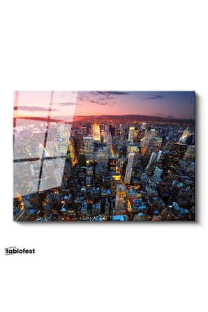Tamperli Gerçek Cam Tablo New York Manhattan Şehir Manzarası Şehir Mimari Tablo Duvar Dekoru