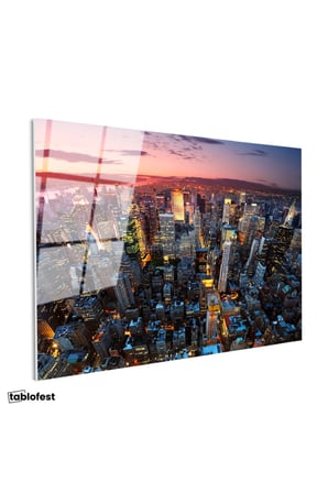 Tamperli Gerçek Cam Tablo New York Manhattan Şehir Manzarası Şehir Mimari Tablo Duvar Dekoru