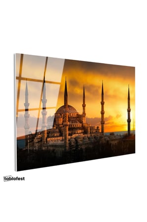 Tamperli Gerçek Cam Tablo Sultanahmet Camii Gün Batımı Silüeti Şehir Mimari Tablo Duvar Dekoru
