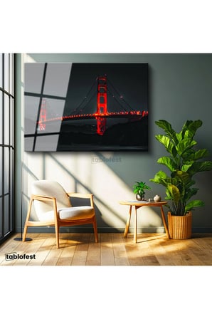 Tamperli Gerçek Cam Tablo Golden Gate Köprüsü Gece Aydınlatması Şehir Mimari Tablo Duvar Dekoru