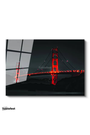 Tamperli Gerçek Cam Tablo Golden Gate Köprüsü Gece Aydınlatması Şehir Mimari Tablo Duvar Dekoru