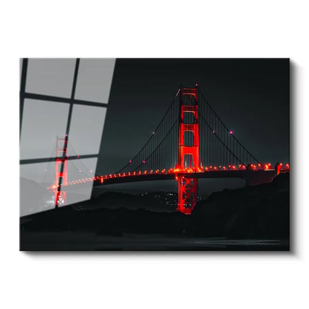 Tamperli Gerçek Cam Tablo Golden Gate Köprüsü Gece Aydınlatması Şehir Mimari Tablo Duvar Dekoru