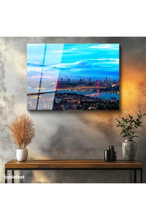 Tamperli Gerçek Cam Tablo İstanbul Boğaz Köprüsü Gece Şehir Mimari Tablo Duvar Dekoru