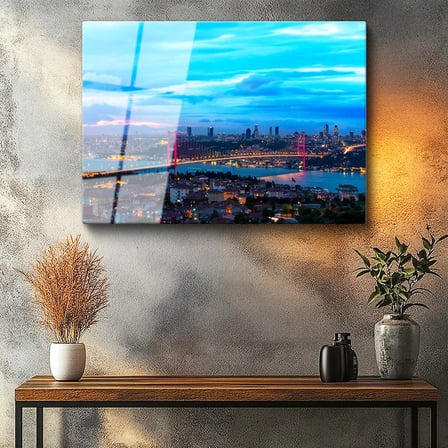 Tamperli Gerçek Cam Tablo İstanbul Boğaz Köprüsü Gece Şehir Mimari Tablo Duvar Dekoru