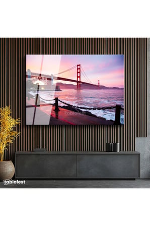 Tamperli Gerçek Cam Tablo Golden Gate Köprüsü Kıyı Zincirleri Şehir Mimari Tablo Duvar Dekoru