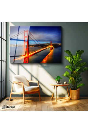 Tamperli Gerçek Cam Tablo Golden Gate Köprüsü Gece Trafiği Şehir Mimari Tablo Duvar Dekoru