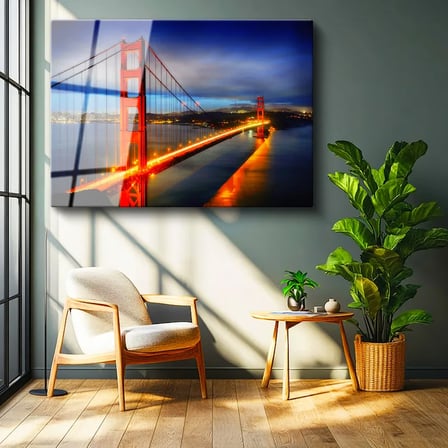 Tamperli Gerçek Cam Tablo Golden Gate Köprüsü Gece Trafiği Şehir Mimari Tablo Duvar Dekoru