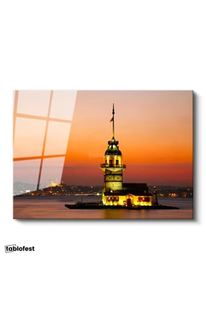 Tamperli Gerçek Cam Tablo Kız Kulesi ve İstanbul Silüeti Şehir Mimari Tablo Duvar Dekoru