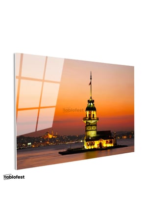 Tamperli Gerçek Cam Tablo Kız Kulesi ve İstanbul Silüeti Şehir Mimari Tablo Duvar Dekoru