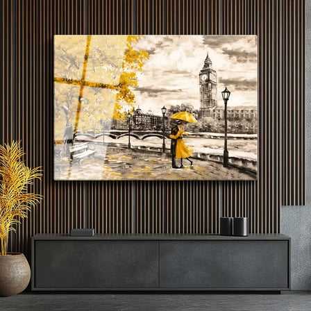 Tamperli Gerçek Cam Tablo Londra Big Ben Ve Sonbahar Teması Şehir Ve Mimari Tablo Duvar Dekoru
