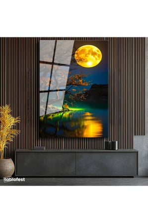 Tamperli Gerçek Cam Tablo Gece Ağacı ve Büyük Sarı Ay Manzara Ve Doğa Tablosu Duvar Dekoru