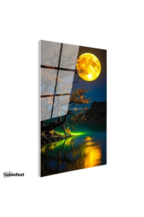 Tamperli Gerçek Cam Tablo Gece Ağacı ve Büyük Sarı Ay Manzara Ve Doğa Tablosu Duvar Dekoru