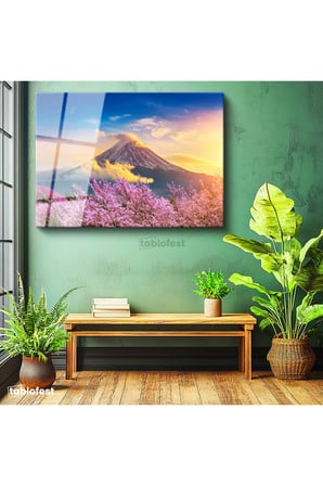 Tamperli Gerçek Cam Tablo Karlı Fuji Dağı Ve Sakura Ağaçları Manzara Tablosu Duvar Dekoru