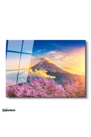 Tamperli Gerçek Cam Tablo Karlı Fuji Dağı Ve Sakura Ağaçları Manzara Tablosu Duvar Dekoru