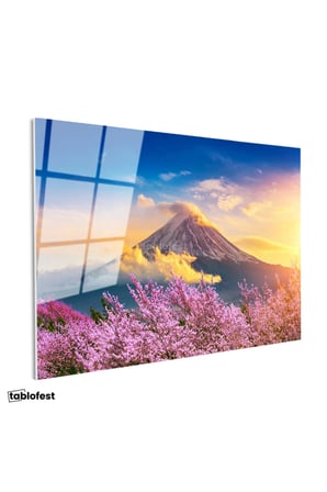 Tamperli Gerçek Cam Tablo Karlı Fuji Dağı Ve Sakura Ağaçları Manzara Tablosu Duvar Dekoru