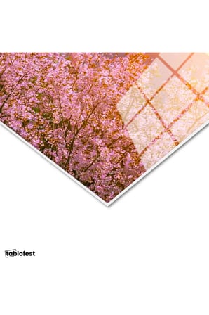 Tamperli Gerçek Cam Tablo Karlı Fuji Dağı Ve Sakura Ağaçları Manzara Tablosu Duvar Dekoru
