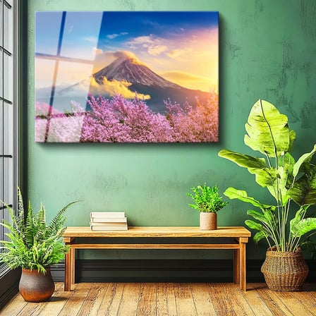 Tamperli Gerçek Cam Tablo Karlı Fuji Dağı Ve Sakura Ağaçları Manzara Tablosu Duvar Dekoru