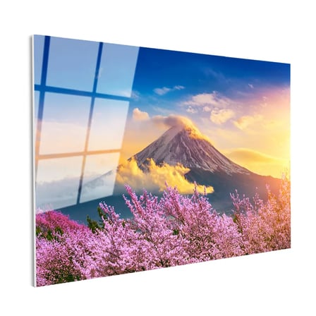 Tamperli Gerçek Cam Tablo Karlı Fuji Dağı Ve Sakura Ağaçları Manzara Tablosu Duvar Dekoru