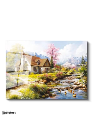Tamperli Cam Tablo Çiçekli Bahar Evi ve Dere Manzara Ve Doğa Tablosu Duvar Dekoru