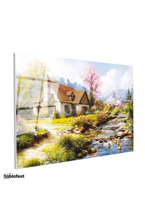 Tamperli Cam Tablo Çiçekli Bahar Evi ve Dere Manzara Ve Doğa Tablosu Duvar Dekoru