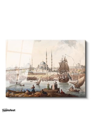 Tamperli Gerçek Cam Tablo İstanbul Boğazı Tarihi Gemi ve İskele Sahnesi Duvar Dekoru