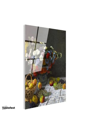 Tamperli Gerçek Cam Tablo Claude Monet Meyveler ve Çiçekler Sepetli Natürmort Ressam Tablosu Dekoru