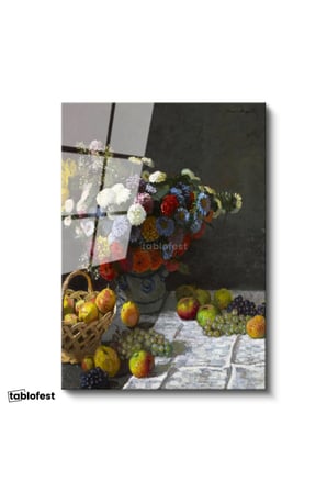 Tamperli Gerçek Cam Tablo Claude Monet Meyveler ve Çiçekler Sepetli Natürmort Ressam Tablosu Dekoru