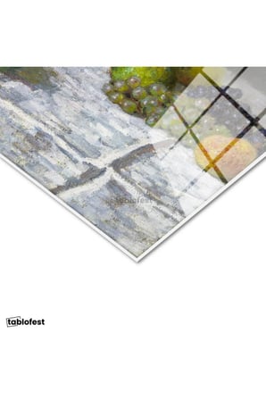 Tamperli Gerçek Cam Tablo Claude Monet Meyveler ve Çiçekler Sepetli Natürmort Ressam Tablosu Dekoru