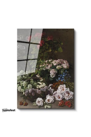 Tamperli Gerçek Cam Tablo Claude Monet Sepetli Çiçekler Canlı Renkler Ressam Tablosu Dekoru