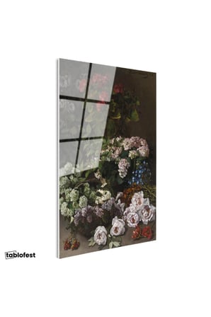 Tamperli Gerçek Cam Tablo Claude Monet Sepetli Çiçekler Canlı Renkler Ressam Tablosu Dekoru