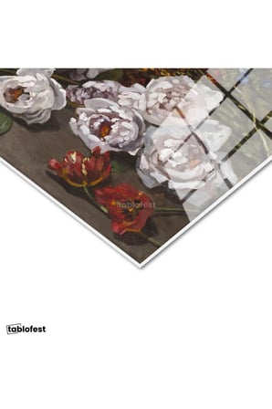 Tamperli Gerçek Cam Tablo Claude Monet Sepetli Çiçekler Canlı Renkler Ressam Tablosu Dekoru