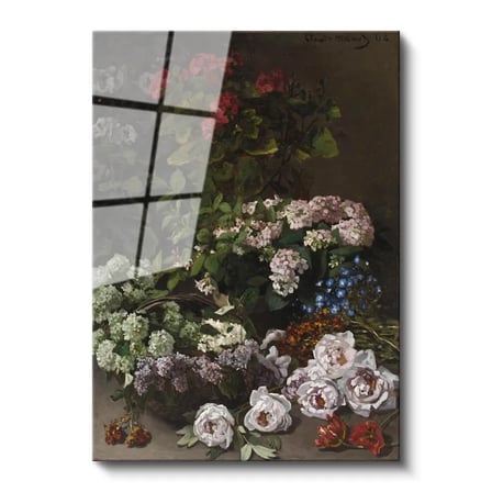 Tamperli Gerçek Cam Tablo Claude Monet Sepetli Çiçekler Canlı Renkler Ressam Tablosu Dekoru