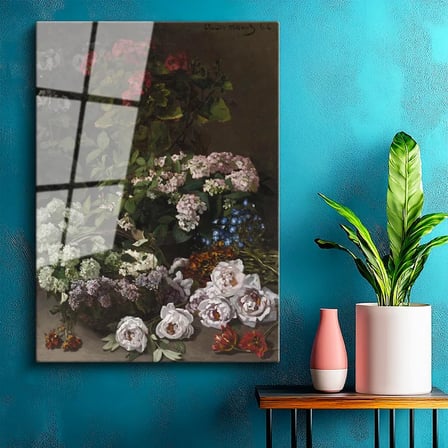 Tamperli Gerçek Cam Tablo Claude Monet Sepetli Çiçekler Canlı Renkler Ressam Tablosu Dekoru
