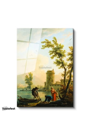 Tamperli Gerçek Cam Tablo C.J. Vernet Balıkçılar Kıyı Kulesi Deniz Kenarı Ressam Tablosu Dekoru