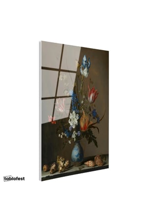Tamperli Gerçek Cam Tablo Jan van Huysum Vazolu Çiçekler Deniz Kabukları Ressam Tablosu Dekoru