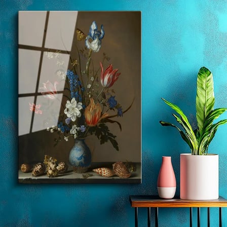 Tamperli Gerçek Cam Tablo Jan van Huysum Vazolu Çiçekler Deniz Kabukları Ressam Tablosu Dekoru