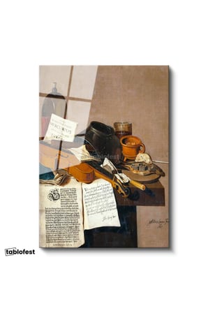 Tamperli Gerçek Cam Tablo R.R.L.F. Keman ve Kitaplar Vanitas Karanlık Ressam Tablosu Dekoru
