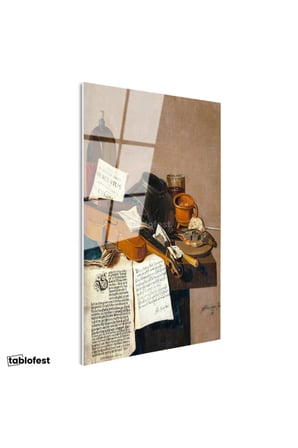 Tamperli Gerçek Cam Tablo R.R.L.F. Keman ve Kitaplar Vanitas Karanlık Ressam Tablosu Dekoru