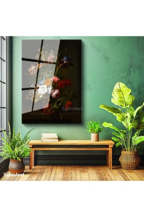Tamperli Gerçek Cam Tablo Jan van Huysum Lale ve İris Karanlık Fonlu Çiçek Ressam Tablosu Dekoru