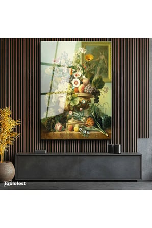 Tamperli Gerçek Cam Tablo Jan van Huysum Meyve ve Çiçekler Ananaslı Vazoda Ressam Tablosu Dekoru