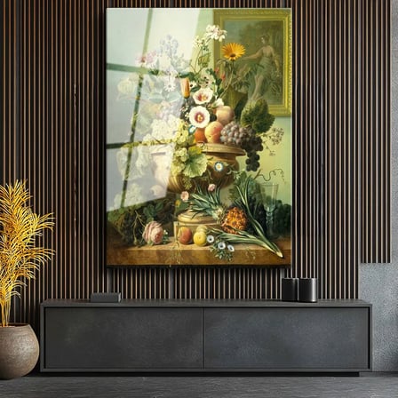 Tamperli Gerçek Cam Tablo Jan van Huysum Meyve ve Çiçekler Ananaslı Vazoda Ressam Tablosu Dekoru