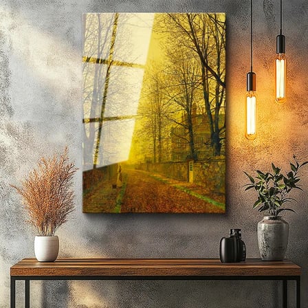 Tamperli Gerçek Cam Tablo J.A. Grimshaw Sonbahar Yolu Yürüyen Figür Gündoğumu Ressam Tablosu Dekoru