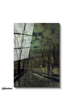 Tamperli Gerçek Cam Tablo J.A. Grimshaw Yağmurlu Sokak Figürlü Gece Manzarası Ressam Tablosu Dekoru