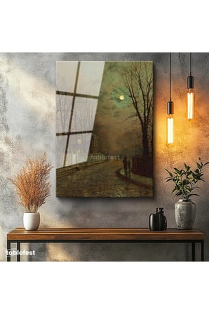 Tamperli Gerçek Cam Tablo J.A. Grimshaw Islak Sokak At Arabalı Figür Dolunay Ressam Tablosu Dekoru