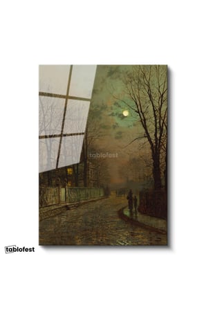Tamperli Gerçek Cam Tablo J.A. Grimshaw Islak Sokak At Arabalı Figür Dolunay Ressam Tablosu Dekoru