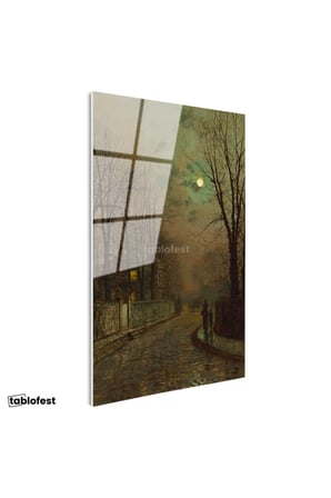 Tamperli Gerçek Cam Tablo J.A. Grimshaw Islak Sokak At Arabalı Figür Dolunay Ressam Tablosu Dekoru